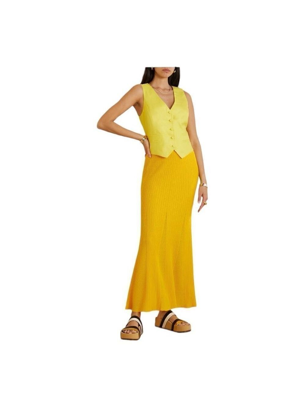 $1390 Gabriela Hearst Eula Ribbed and Pointelle Knit In Yellow Merino Wool Maxi